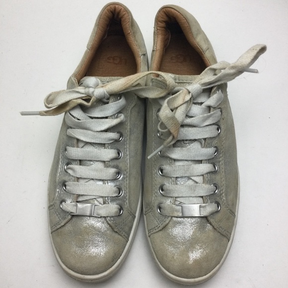 Ugg Milo Stardust Silver Metallic Suede Lace-Up Trainer Sneakers Size 9 - Picture 2 of 11